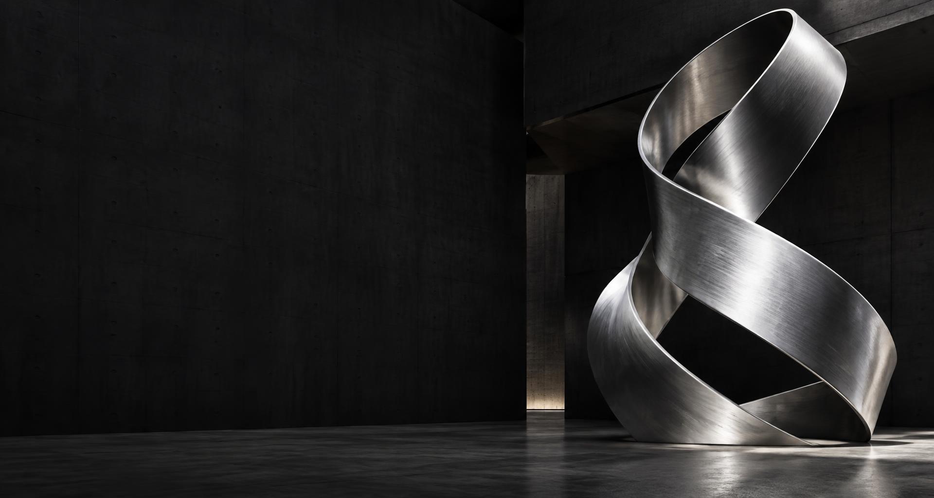 A sculptural silver ribbon forming a continuous, ascending structure